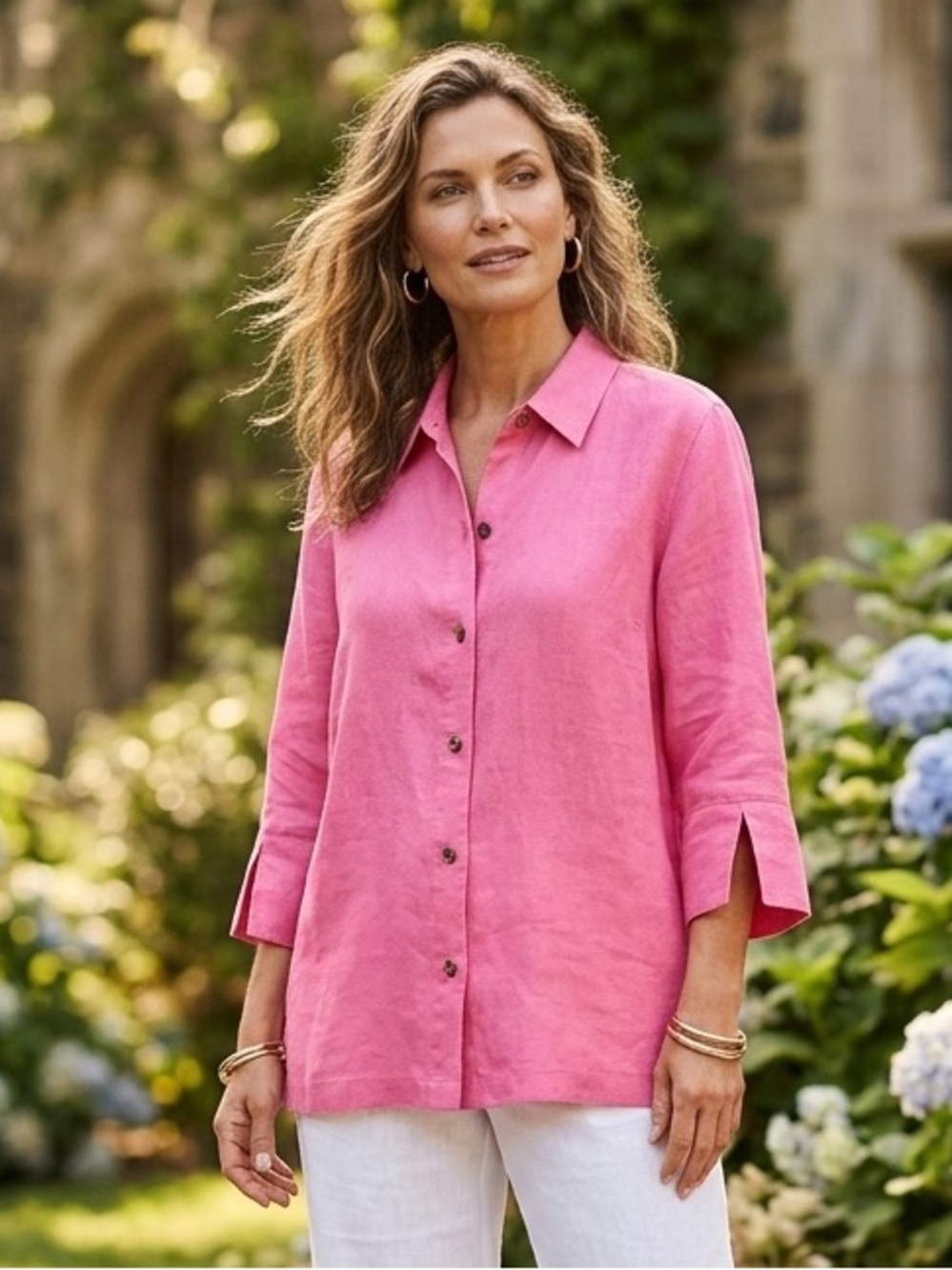 Chicos 100% Linen Sz XL Pink Collared Button Up Shirt Irish Beach Colorful
